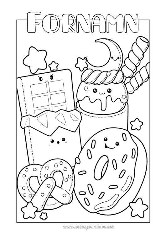 Färgläggningssida att skriva ut Godis Söt Choklad Donuts Gottigheter, sötsaker Kakor Skumgodis, marshmallows Pretzel