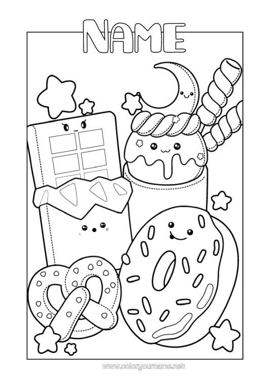 Colouring page to print Sweets Cute Chocolate Doughnuts Treats, Sweets Biscuit Marshmallows Pretzel