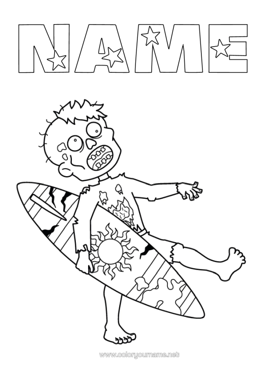 Colouring page to print Surfing Water Sports Zombie