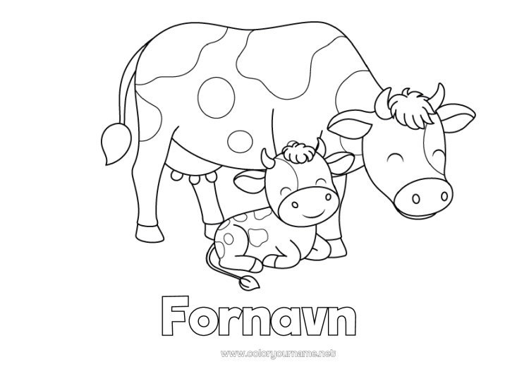 Farvelægningssiden til udskrivning Dyr Ko Gårdsdyr Baby