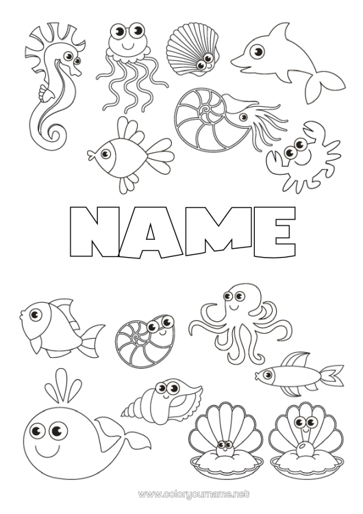 Colouring page to print Cute Cute Whale Jellyfish Animal Dolphin Fish Seahorse Shellfish Starfish Marine Or Aquatic Animals Octopus