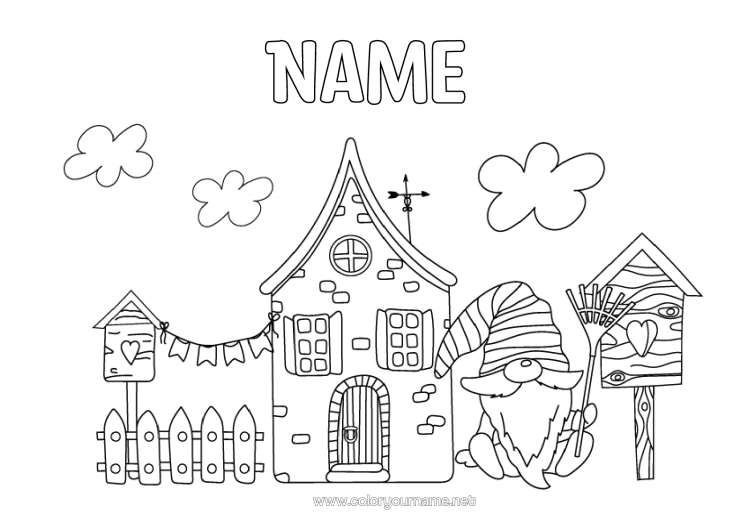 Colouring page to print Spring Gnome House Birds And Flying Mammals Birdhouse