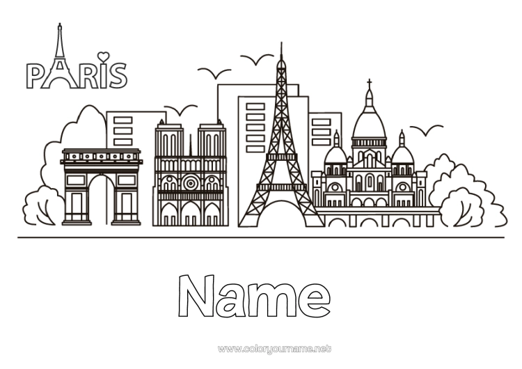 Colouring page to print France Eiffel Tower Arc De Triomphe Paris Monument City Of The World Skyline