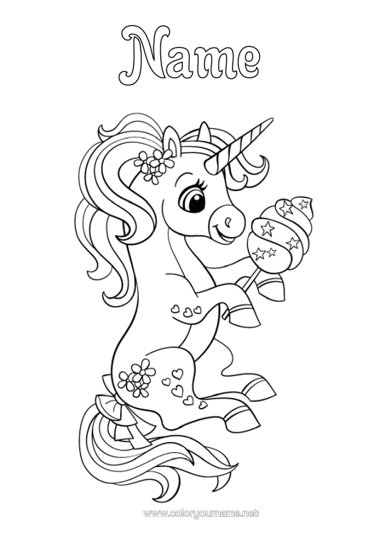 Colouring page to print Cute Unicorn Animal Treats, Sweets Ice Cream Dragons, Unicorns, And Fantastical Creatures