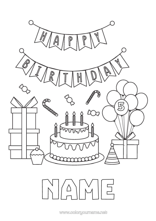 Colouring page to print Cake Gifts Birthday Balloons Customisable Age Celebrated