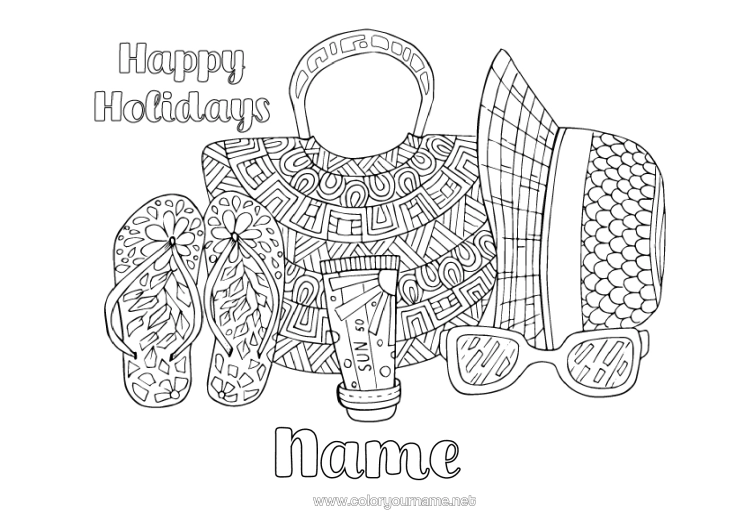 Colouring page to print Holidays Summer Hat Nanny Tongue Glasses Sunglasses