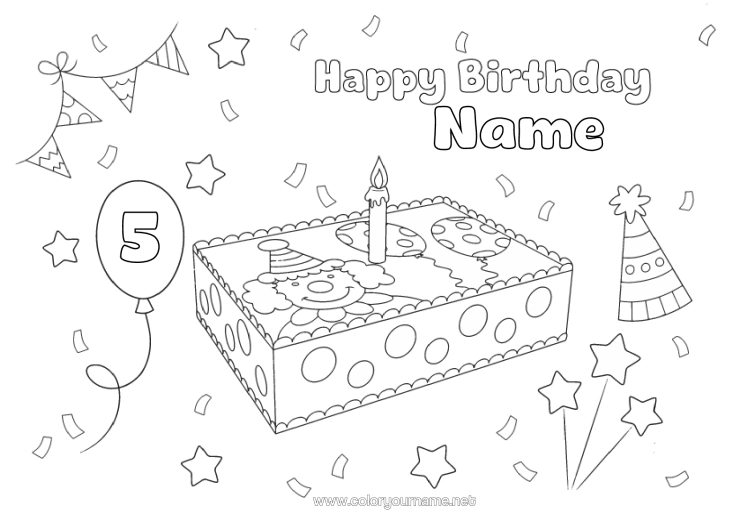 Colouring page to print Cake Birthday Clown Happy Birthday Message Customisable Age Celebrated Circus