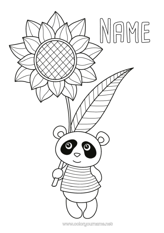 Colouring page to print Cute Flowers Cute Animal Panda Sunflower Other Animals Of The World