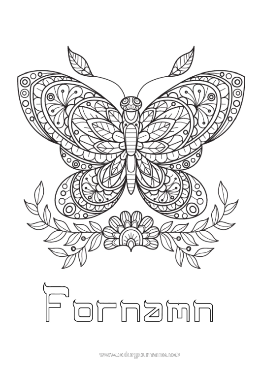 Färgläggningssida att skriva ut Mandala Fjäril Djur Komplexa målarbilder Zentangle Insekter