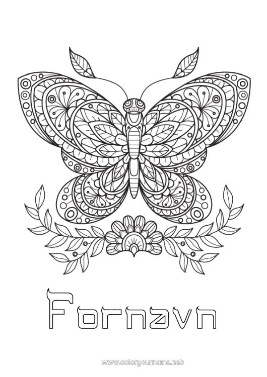Farvelægningssiden til udskrivning Mandala Sommerfugl Dyr Komplekse farvelægninger Zentangle Insekter