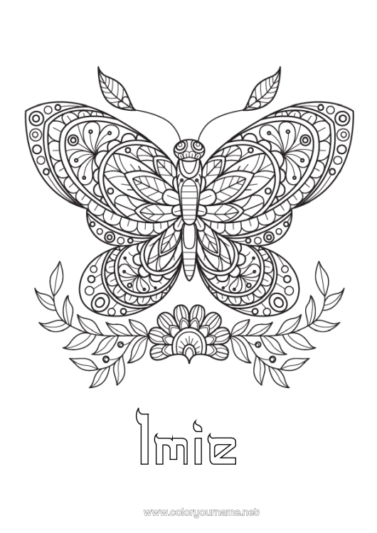 Kolorowanka do wydruku Mandala Motyl Zwierzę Złożone kolorowanki Zentangle Owady