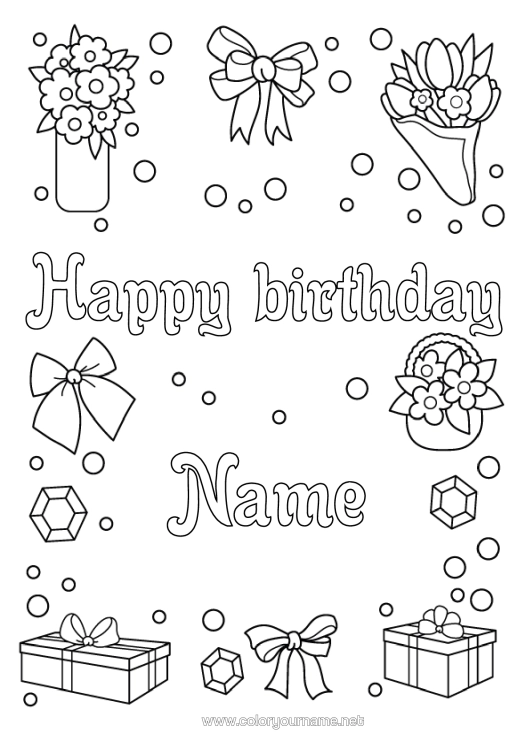 Colouring page to print Flowers Gifts Happy Birthday Sister Jewel Bunch