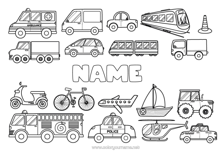 Colouring page to print Aeroplane Lorry Vehicles Boat Train Scooter Tractor Taxi Farm Vehicles Helicopter Ambulance Sailboat Bicycle Fire Engine Two-Wheeled Vehicles Aerial Vehicles Marine Vehicles Emergency And Rescue Vehicles Land Public Transport Trucks And Commercial Vehicles