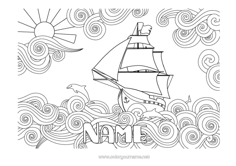 Colouring page to print Sun Sea Vehicles Dolphin Boat Sailboat Zentangle Marine Or Aquatic Animals Marine Vehicles Waves