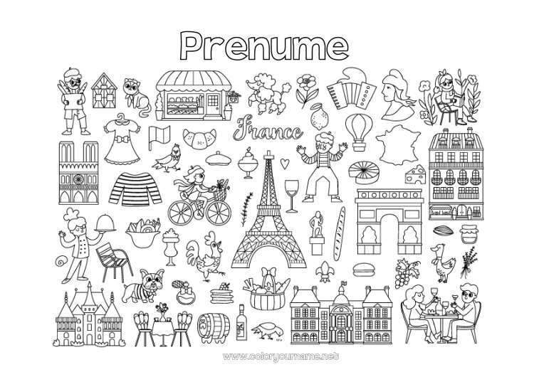 Pagină de colorat de imprimat Geografie Franța Simboluri Turnul Eiffel Arcul de Triumf Paris Monument