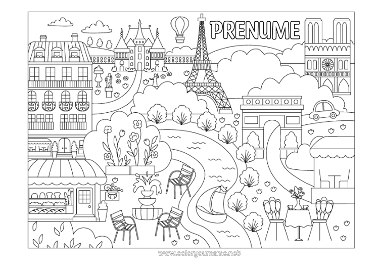Pagină de colorat de imprimat Franța Peisaj urban Turnul Eiffel Arcul de Triumf Paris Monument