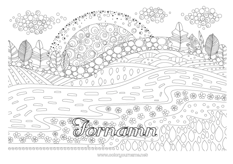 Färgläggningssida att skriva ut Lugn och zen Sol Komplexa målarbilder Zentangle Naturlandskap