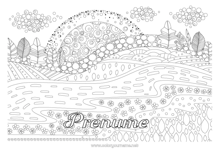 Pagină de colorat de imprimat Liniștit și zen Soare Desene de colorat complexe Zentangle Peisaj natural