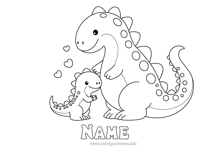 Colouring page to print Heart Dinosaurs Child Animal Adult Animal Family Cub