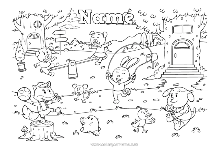 Colouring page to print Wolf Pig Rabbit Animal Fairy Tale Farm Animals Forest Animals Games And Toys Forest Swing Playground