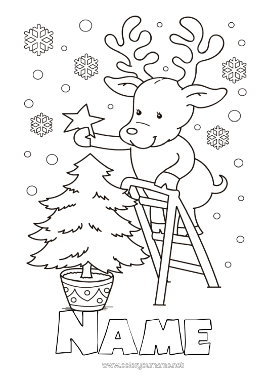 Colouring page to print Snow Christmas Tree Reindeer Christmas Forest Animals