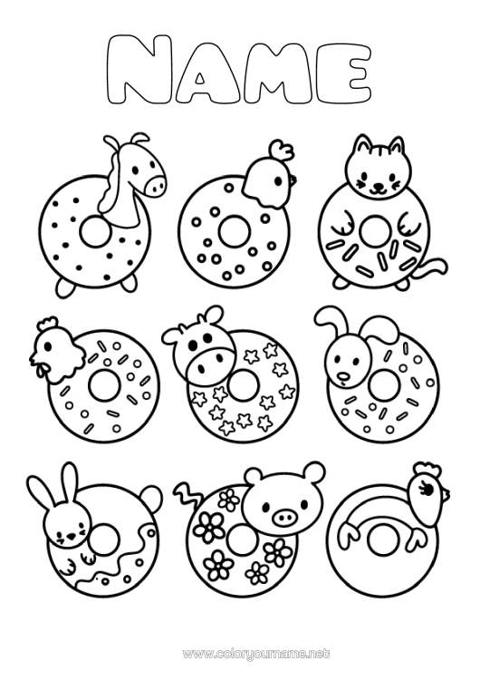 Colouring page to print Cake Sheep Cute Hen Animal Doughnuts Treats, Sweets Farm Animals