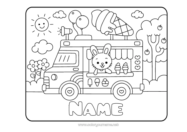 Colouring page to print Cute Cute Rabbit Lorry Animal Treats, Sweets Ice Cream Forest Animals Trucks And Commercial Vehicles Culinary Professions