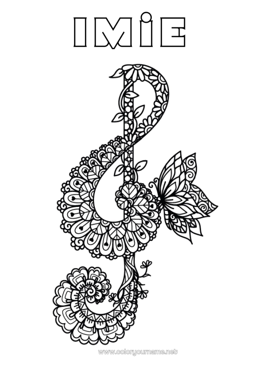 Kolorowanka do wydruku Motyl Muzyka Zentangle Owady Święto Muzyki Instrumenty muzyczne Klucz G Okładka zeszytu