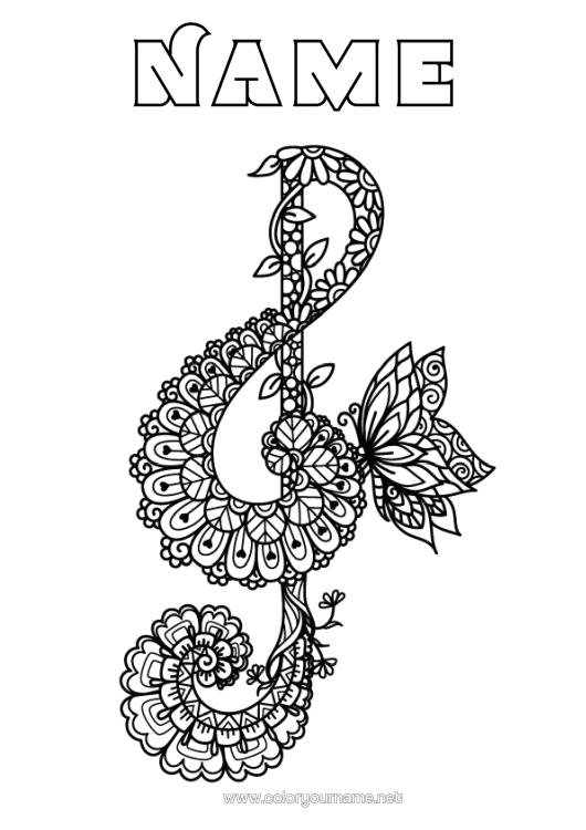 Colouring page to print Butterfly Music Zentangle Insects Music Day Musical Instruments Treble Clef Notebook Cover Musical Note