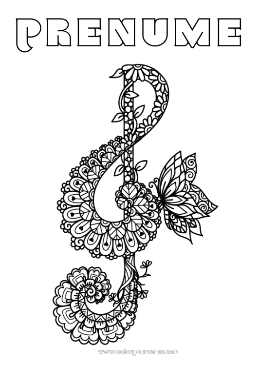 Pagină de colorat de imprimat Fluture Muzică Zentangle Insecte Sărbătoarea muzicii Instrumente muzicale Cheia Sol Copertă de caiet