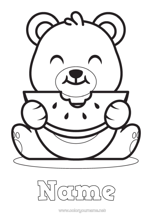 Colouring page to print Bear Cute Cute Animal Teddy Bear Fruit Easy Colouring Pages Forest Animals Watermelon