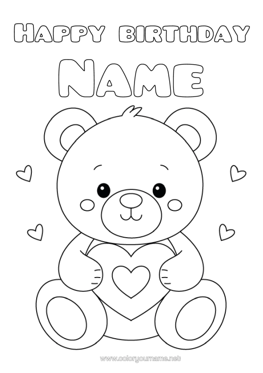 Colouring page to print Bear Cute Heart I Love You. Animal Teddy Bear Forest Animals