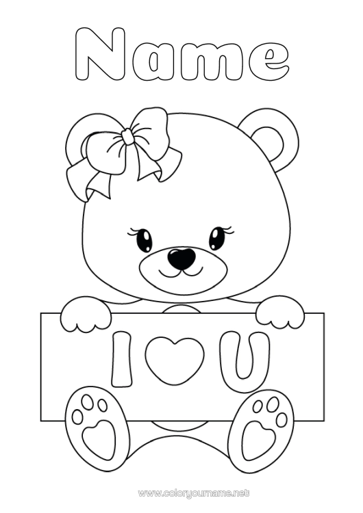 Colouring page to print Bear Heart I Love You. Animal Teddy Bear Forest Animals Sign