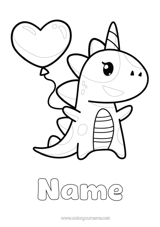 Colouring page to print Heart Dinosaurs Unicorn Balloons Animal Dragons, Unicorns, And Fantastical Creatures