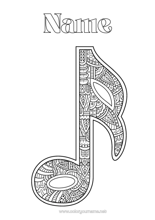 Colouring page to print Music Zentangle Music Day Musical Instruments Treble Clef Musical Note