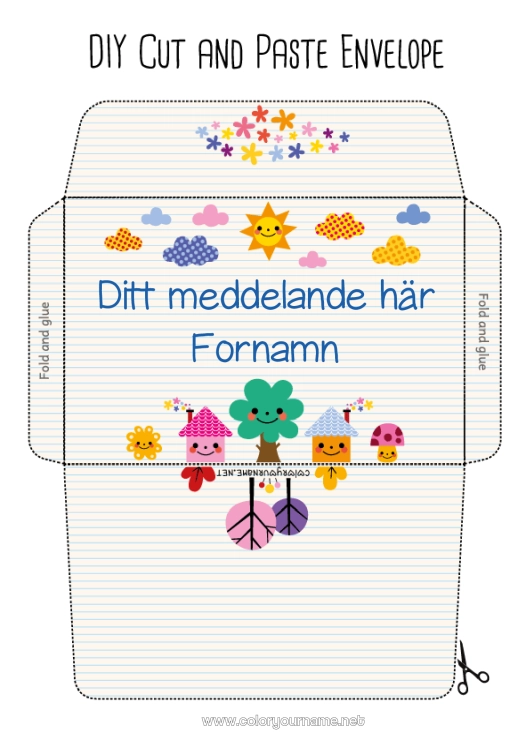 Färgläggningssida att skriva ut Söt Sol Kuvert Träd Barnvakt Skola Hem Tack Utskriftskuvert Moln