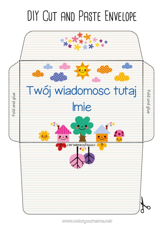 Kolorowanka do wydruku Słodki Słońce Koperta Drzewo Niania Szkoła Dom Dziękuję Koperta do druku Chmura