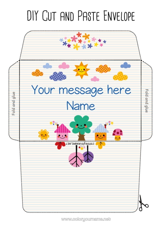 Colouring page to print Cute Sun Envelope Tree Nanny School House Thank You. Print Envelope Cloud