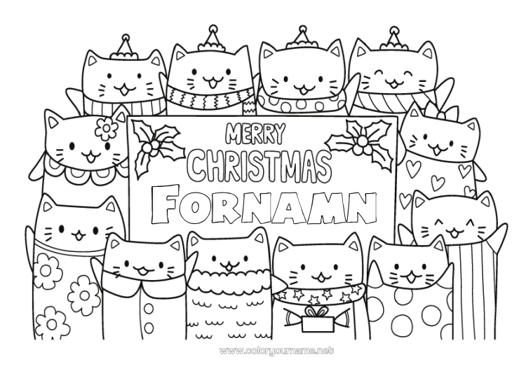 Färgläggningssida att skriva ut Katt Jul Mistel Hundar och katter Skylt God Jul! Ramar