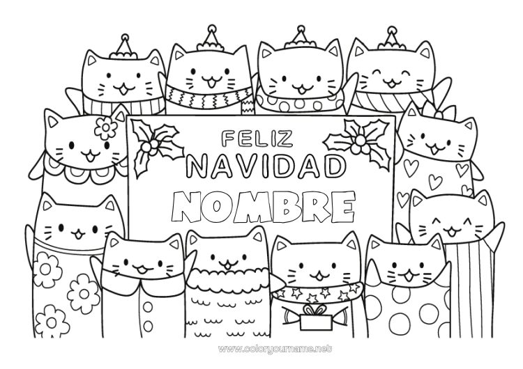 Dibujo para colorear para imprimir Cat Navidad Acebo Perros y gatos Firmar Mensaje “Feliz Navidad”