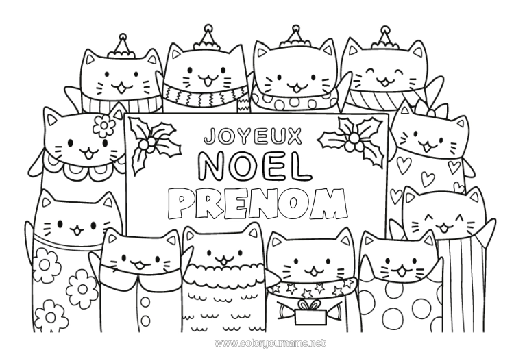 Coloriage à imprimer Chat Noël Houx Chiens et chats Pancarte 