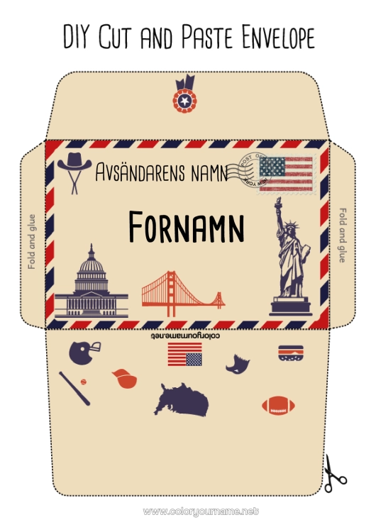 Färgläggningssida att skriva ut USA Symboler Land 4 juli Utskriftskuvert Julälvens resa Kuvert för tomtens post