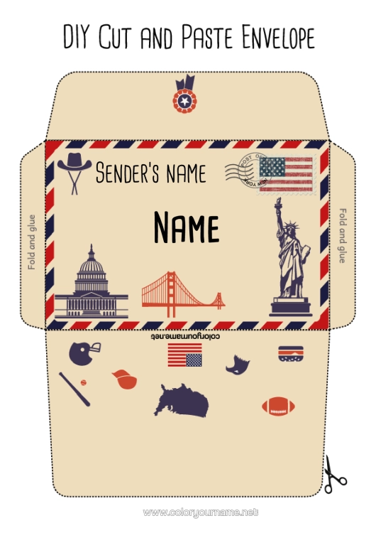Colouring page to print United States Of America Symbols Country 4Th Of July Print Envelope Mischievous Elf's Journey Envelope For The Christmas Trickster Elf's Mail