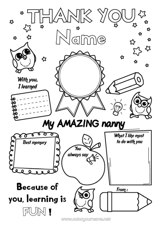 Colouring page to print Nanny Super Badge Thank You. Best