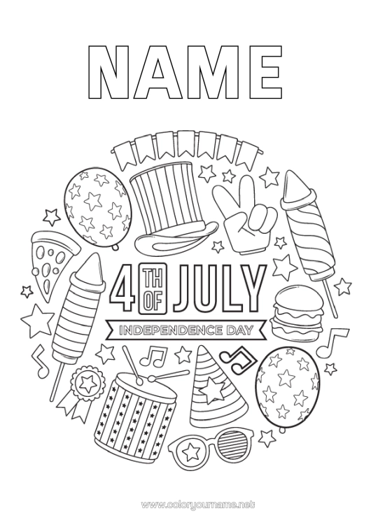 Colouring page to print Mandala Party Firework United States Of America Symbols 4Th Of July Musical Instruments Drum