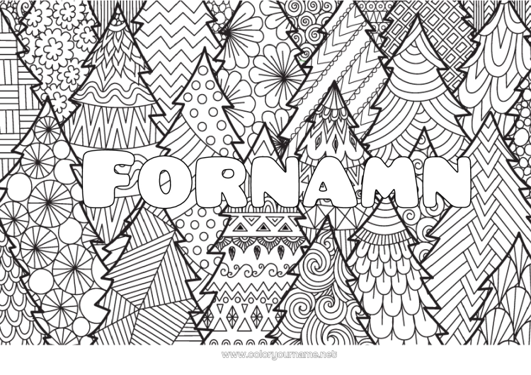 Färgläggningssida att skriva ut Lugn och zen Julgran Mandala Jul Utsmyckat namn Komplexa målarbilder Zentangle Dekorativ bakgrund