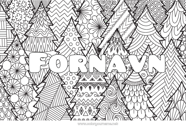 Farvelægningssiden til udskrivning Rolig og zen Juletræ Mandala Jul Dekoreret navn Komplekse farvelægninger Zentangle Dekorativ baggrund