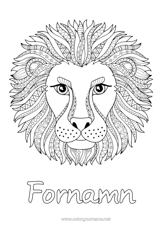 Färgläggningssida att skriva ut Mandala Lejon Djur Komplexa målarbilder Zentangle Afrikas vilda djur Huvud