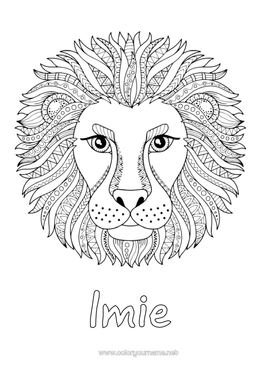 Kolorowanka do wydruku Mandala Lew Zwierzę Złożone kolorowanki Zentangle Dzikie zwierzęta Afryki Głowa