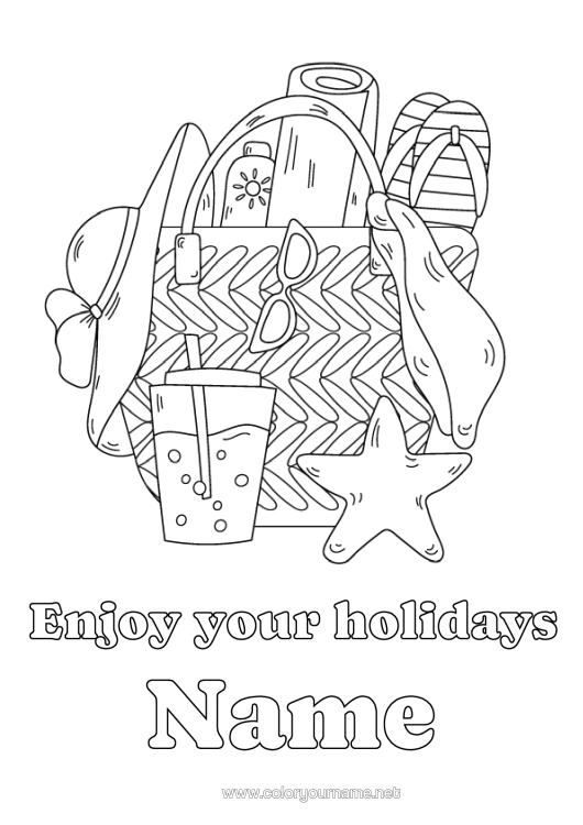 Colouring page to print Holidays Summer Hat Mistress/Master Nanny Drink Symbols Tongue Starfish Marine Or Aquatic Animals Education Professions Lemonade